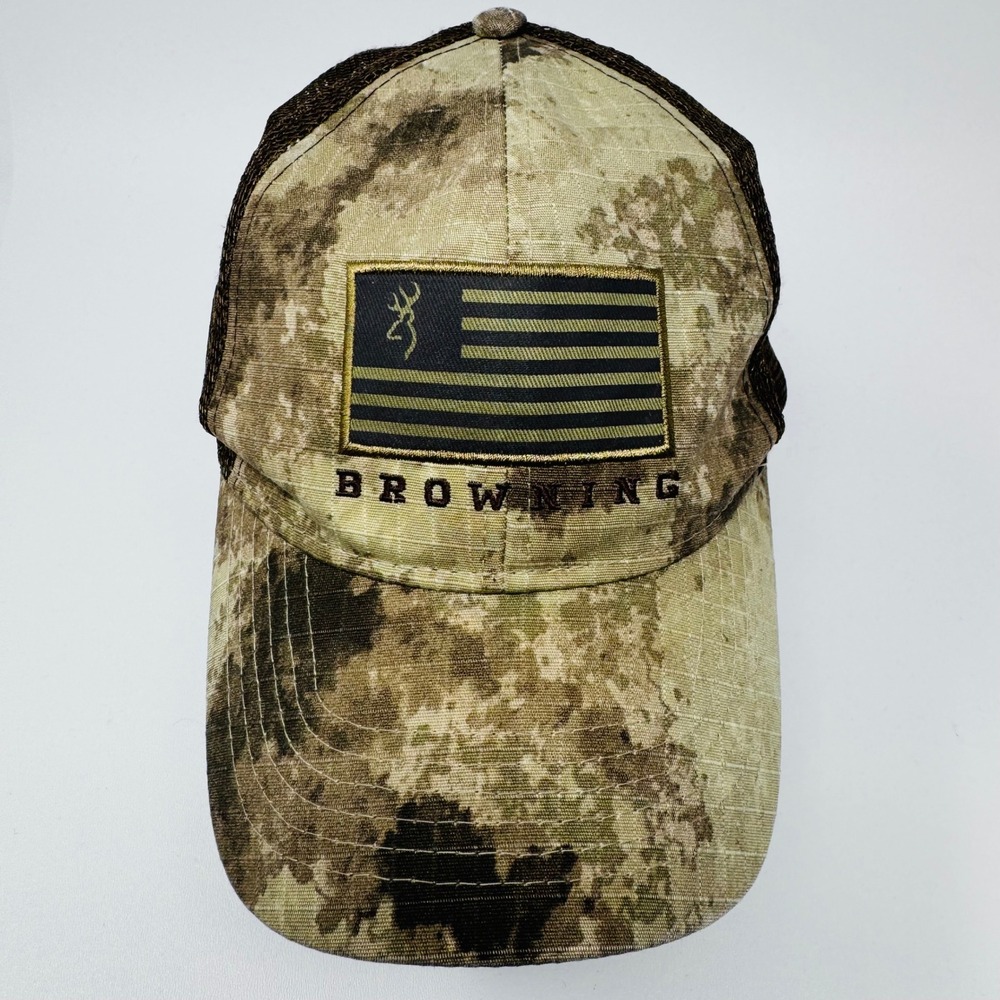 Browning Mens Camo Mesh Back Snapback‎ Hat American Flag Patch Brown Camouflage